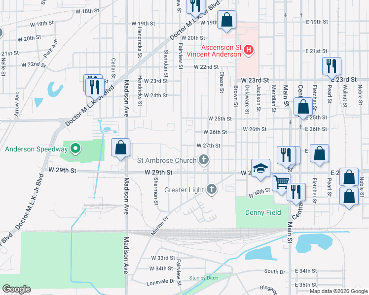map of restaurants, bars, coffee shops, grocery stores, and more near 2702 Fairview Street in Anderson