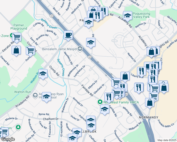 map of restaurants, bars, coffee shops, grocery stores, and more near 12102 Covert Road in Philadelphia