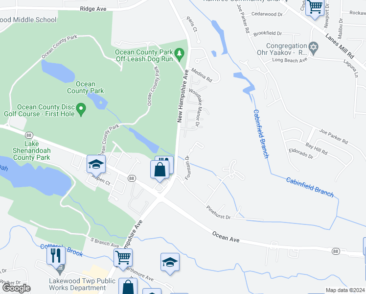 map of restaurants, bars, coffee shops, grocery stores, and more near 16 Fountain Dr in Lakewood Township