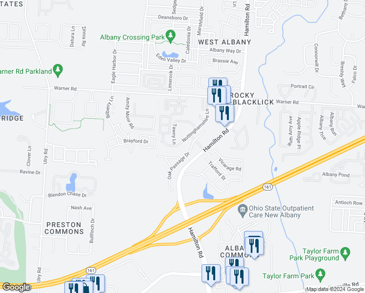 map of restaurants, bars, coffee shops, grocery stores, and more near 5332 Nottinghamshire Lane in Westerville