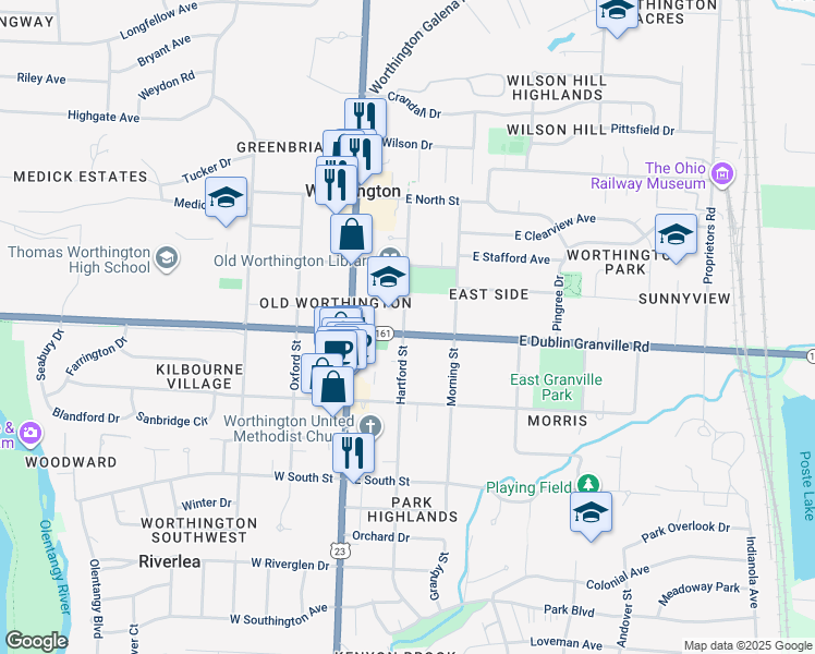 map of restaurants, bars, coffee shops, grocery stores, and more near 72 East Dublin Granville Road in Worthington