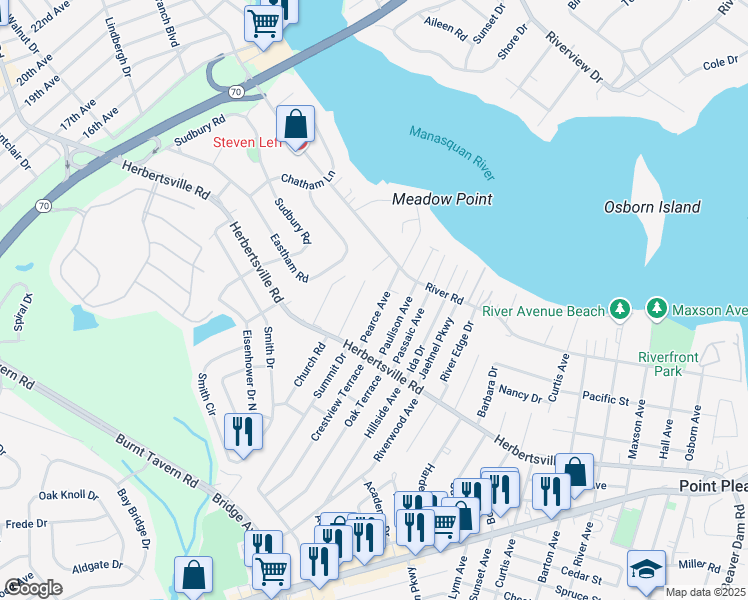 map of restaurants, bars, coffee shops, grocery stores, and more near 221 Pearce Avenue in Point Pleasant