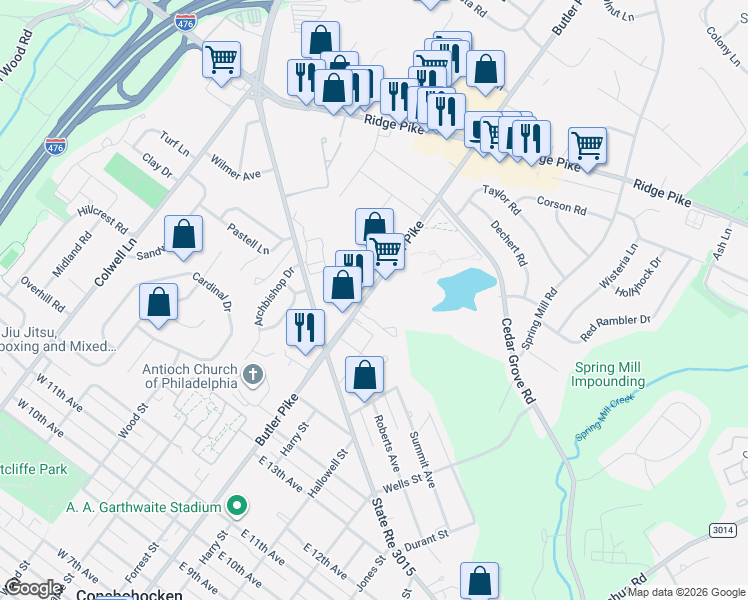 map of restaurants, bars, coffee shops, grocery stores, and more near 1705 Butler Pike in Conshohocken