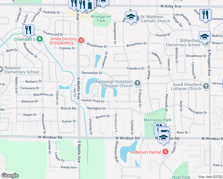 map of restaurants, bars, coffee shops, grocery stores, and more near 2104 Georgetown Circle in Champaign