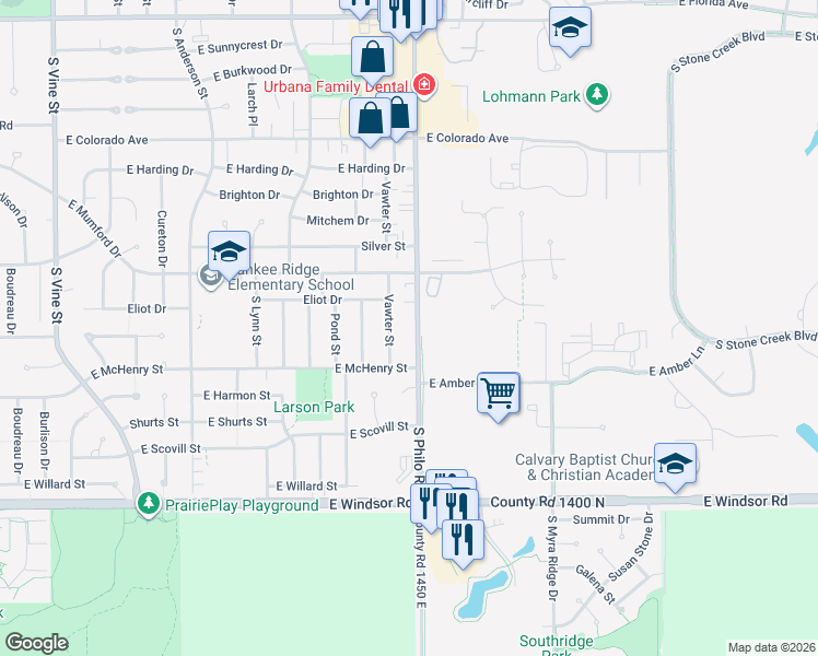 map of restaurants, bars, coffee shops, grocery stores, and more near 2209 South Philo Road in Urbana