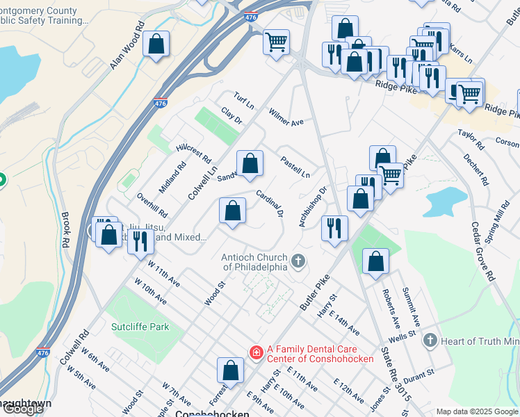 map of restaurants, bars, coffee shops, grocery stores, and more near 135 Scarlet Dr in Conshohocken