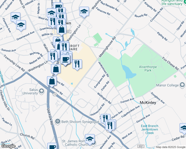 map of restaurants, bars, coffee shops, grocery stores, and more near 338 Wellington Terrace in Jenkintown
