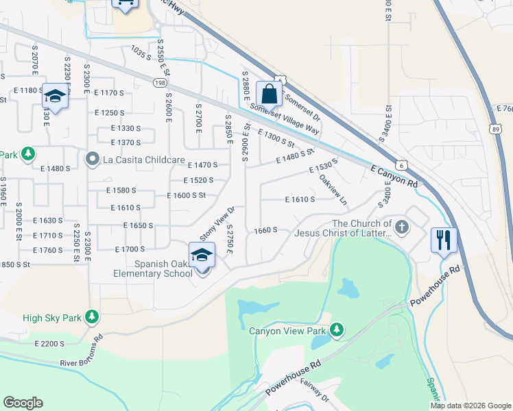 map of restaurants, bars, coffee shops, grocery stores, and more near 1624 South 2960 East Street in Spanish Fork