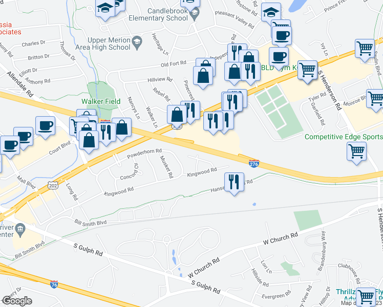 map of restaurants, bars, coffee shops, grocery stores, and more near 422 Bluebuff Road in King of Prussia