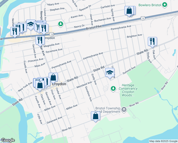 map of restaurants, bars, coffee shops, grocery stores, and more near 1408 State Road in Croydon