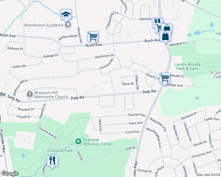 map of restaurants, bars, coffee shops, grocery stores, and more near 36 Blossom Hill Dr in Lancaster
