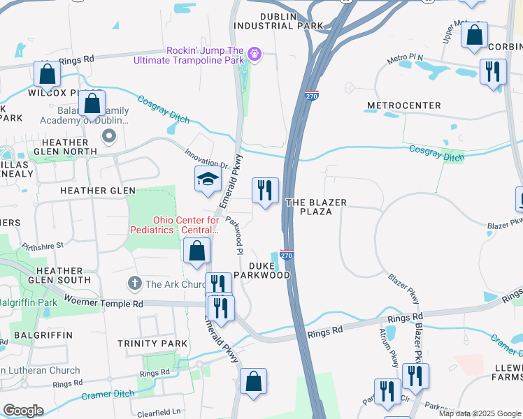 map of restaurants, bars, coffee shops, grocery stores, and more near 6000 Parkwood Place in Dublin