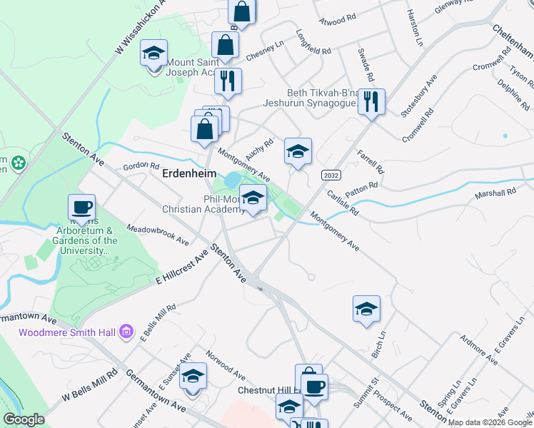 map of restaurants, bars, coffee shops, grocery stores, and more near 35 East Hillcrest Avenue in Erdenheim