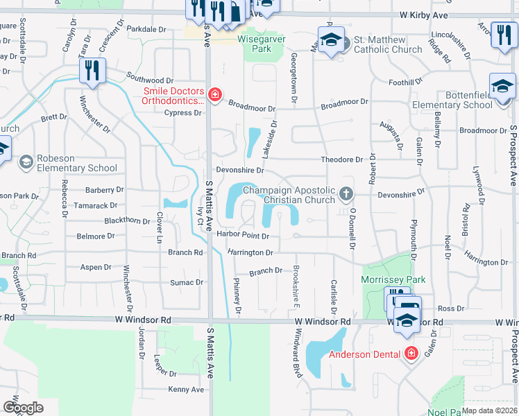 map of restaurants, bars, coffee shops, grocery stores, and more near 2166 Harbor Town Circle in Champaign