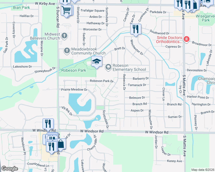map of restaurants, bars, coffee shops, grocery stores, and more near 2108 Morningview Place in Champaign