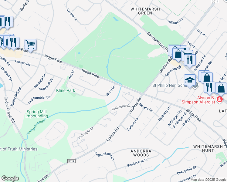 map of restaurants, bars, coffee shops, grocery stores, and more near 2148 Birch Drive in Lafayette Hill
