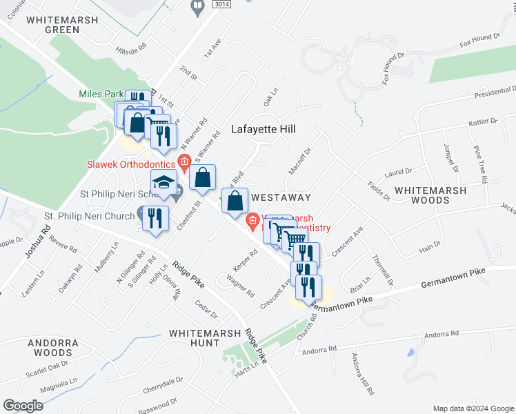 map of restaurants, bars, coffee shops, grocery stores, and more near 4010 Westaway Drive in Lafayette Hill