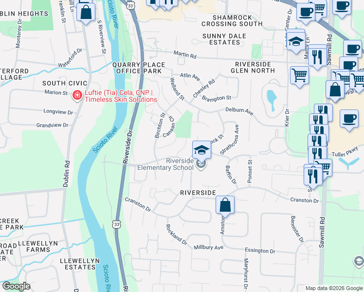 map of restaurants, bars, coffee shops, grocery stores, and more near 6583 Arborg Court in Dublin
