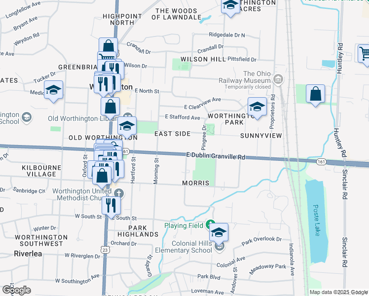 map of restaurants, bars, coffee shops, grocery stores, and more near 196 East Dublin Granville Road in Worthington