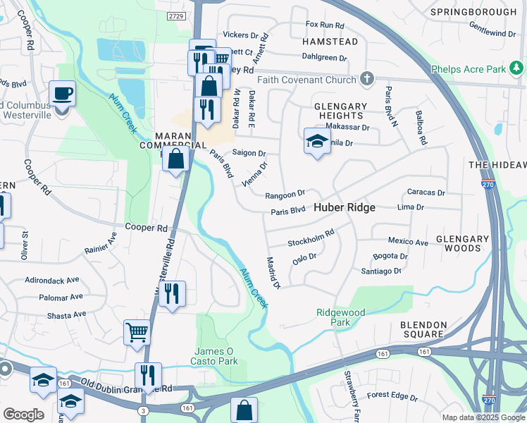 map of restaurants, bars, coffee shops, grocery stores, and more near 3506 Paris Boulevard in Westerville