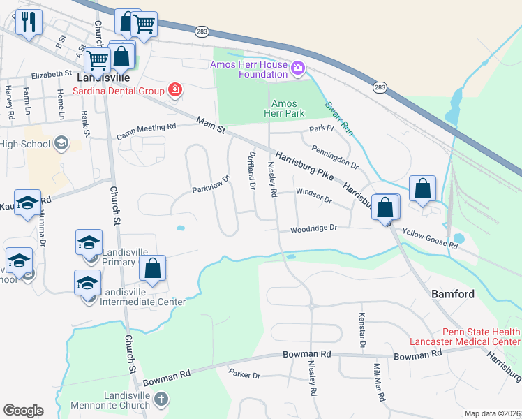 map of restaurants, bars, coffee shops, grocery stores, and more near 1515 Duffland Drive in Landisville