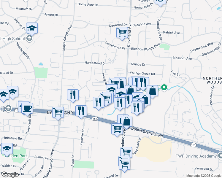 map of restaurants, bars, coffee shops, grocery stores, and more near 2392 Pinecrest Drive in Columbus