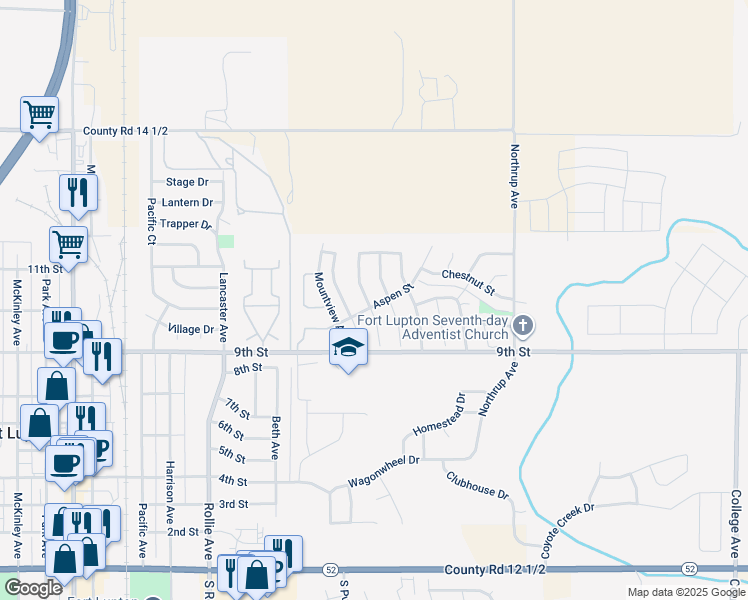 map of restaurants, bars, coffee shops, grocery stores, and more near 1703 Aspen St in Fort Lupton