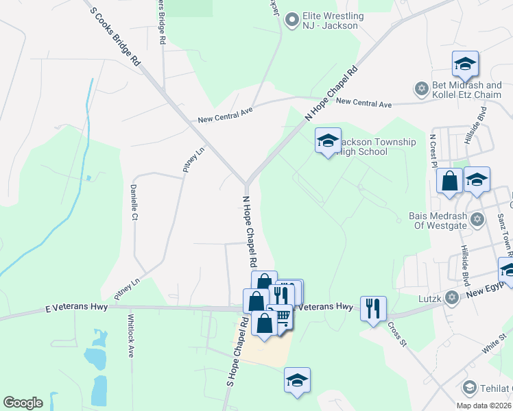 map of restaurants, bars, coffee shops, grocery stores, and more near 75 North Hope Chapel Road in Jackson Township