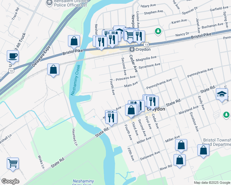 map of restaurants, bars, coffee shops, grocery stores, and more near 508 3rd Avenue in Croydon