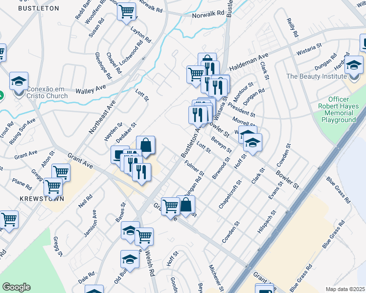 map of restaurants, bars, coffee shops, grocery stores, and more near 9726 Bustleton Avenue in Philadelphia