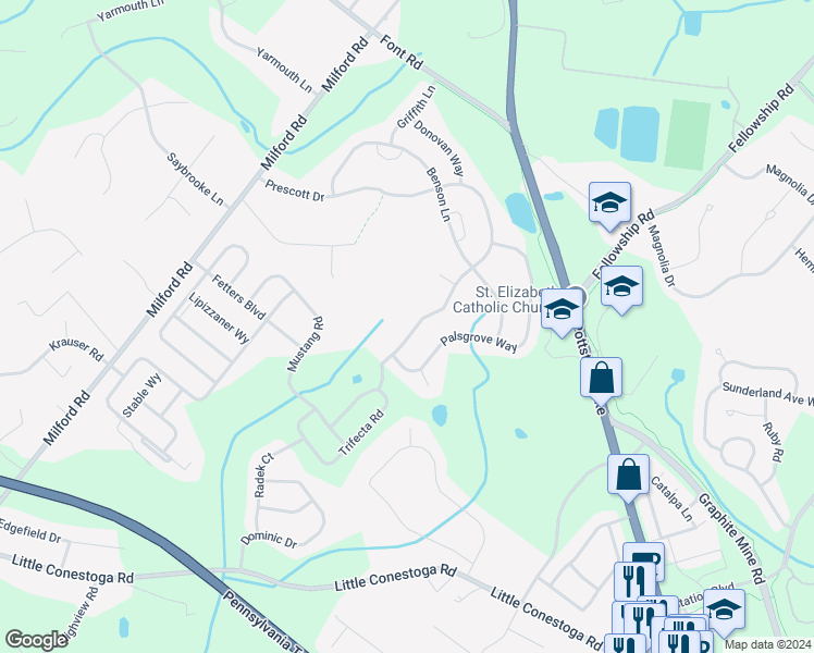 map of restaurants, bars, coffee shops, grocery stores, and more near 209 Prescott Drive in Chester Springs