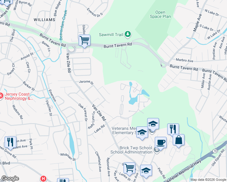 map of restaurants, bars, coffee shops, grocery stores, and more near 329 Olympic Street in Brick Township