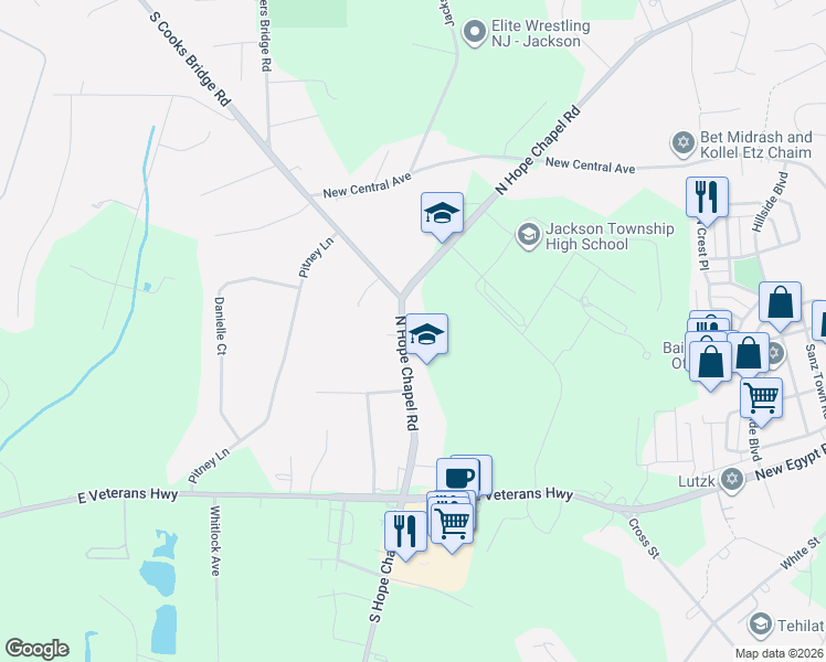 map of restaurants, bars, coffee shops, grocery stores, and more near 75 North Hope Chapel Road in Jackson Township