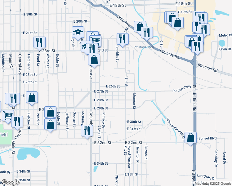map of restaurants, bars, coffee shops, grocery stores, and more near 1211 East 27th Street in Anderson