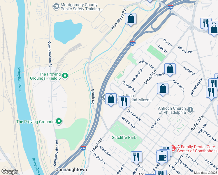 map of restaurants, bars, coffee shops, grocery stores, and more near 539 Markel Road in Conshohocken