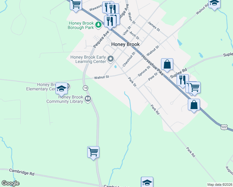 map of restaurants, bars, coffee shops, grocery stores, and more near 1250 Walnut Street in Honey Brook