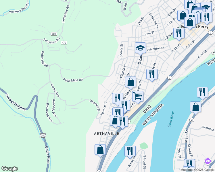 map of restaurants, bars, coffee shops, grocery stores, and more near 1119 Hughes Avenue in Martins Ferry