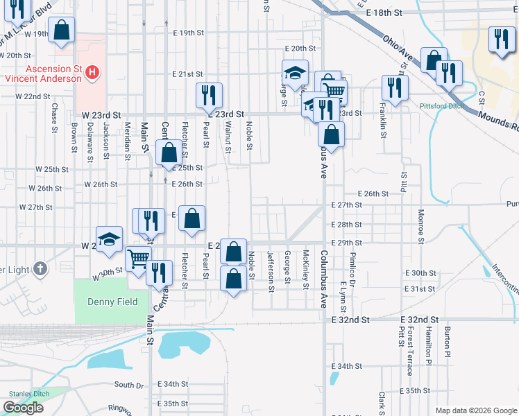 map of restaurants, bars, coffee shops, grocery stores, and more near 613 East 27th Street in Anderson