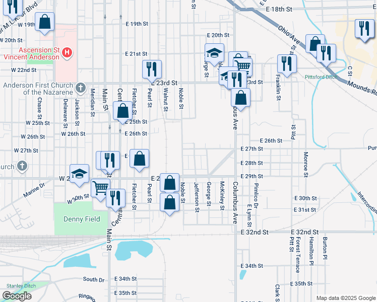 map of restaurants, bars, coffee shops, grocery stores, and more near 613 E 27th St in Anderson
