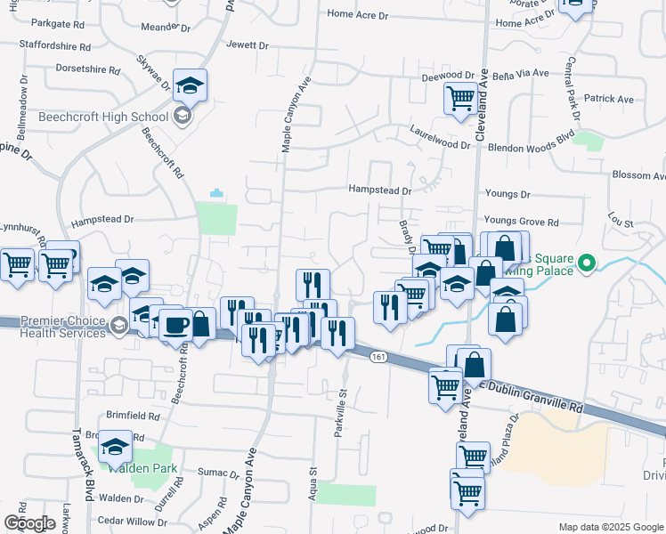 map of restaurants, bars, coffee shops, grocery stores, and more near 5857 Spring Rock Circle in Columbus