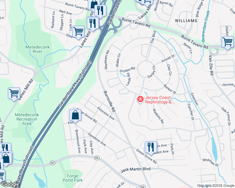 map of restaurants, bars, coffee shops, grocery stores, and more near 17 Robinson Road in Brick Township