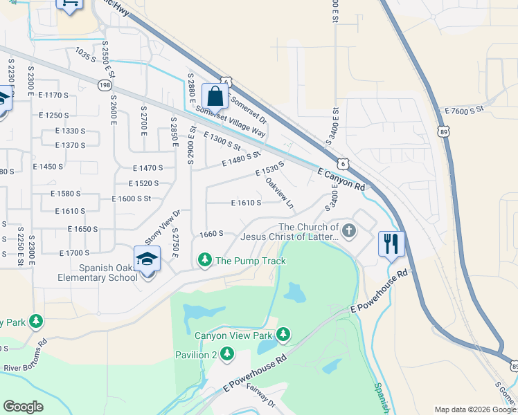 map of restaurants, bars, coffee shops, grocery stores, and more near 3072 East 1610 South in Spanish Fork