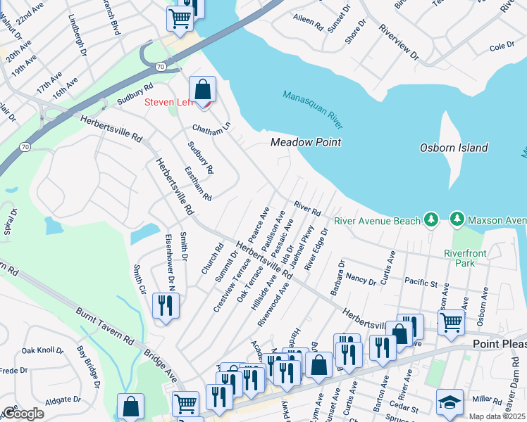 map of restaurants, bars, coffee shops, grocery stores, and more near 221 Pearce Avenue in Point Pleasant