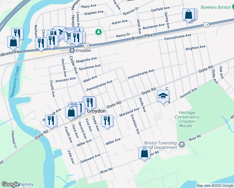 map of restaurants, bars, coffee shops, grocery stores, and more near 725 Rosa Avenue in Croydon