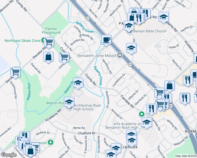 map of restaurants, bars, coffee shops, grocery stores, and more near 3301 Comly Road in Philadelphia