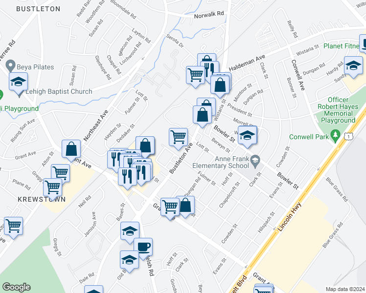 map of restaurants, bars, coffee shops, grocery stores, and more near 9712 Bustleton Avenue in Philadelphia