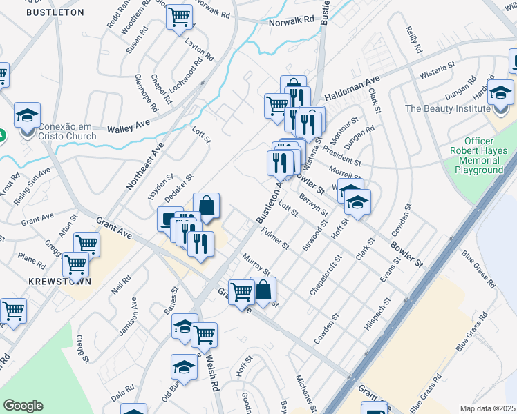 map of restaurants, bars, coffee shops, grocery stores, and more near 9726 Bustleton Avenue in Philadelphia