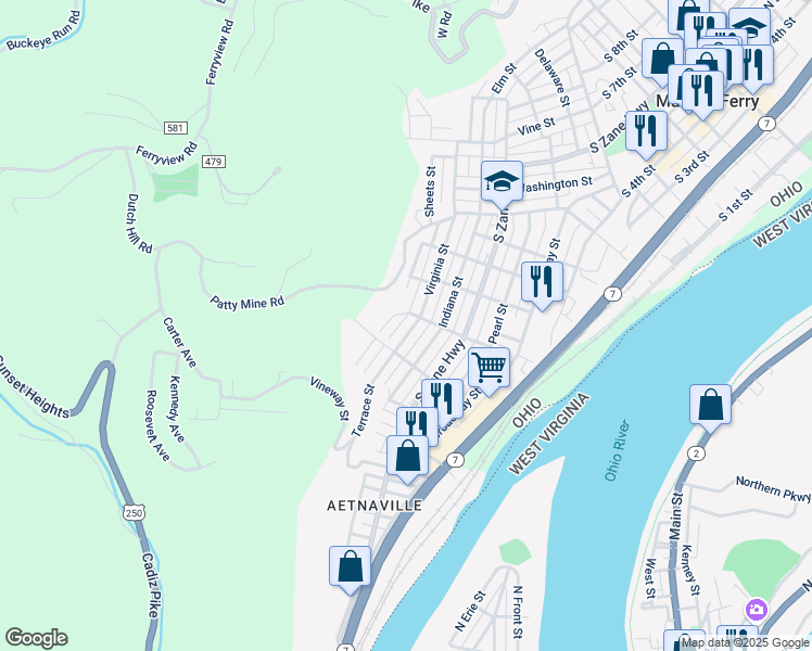 map of restaurants, bars, coffee shops, grocery stores, and more near 1104 Virginia Street in Martins Ferry