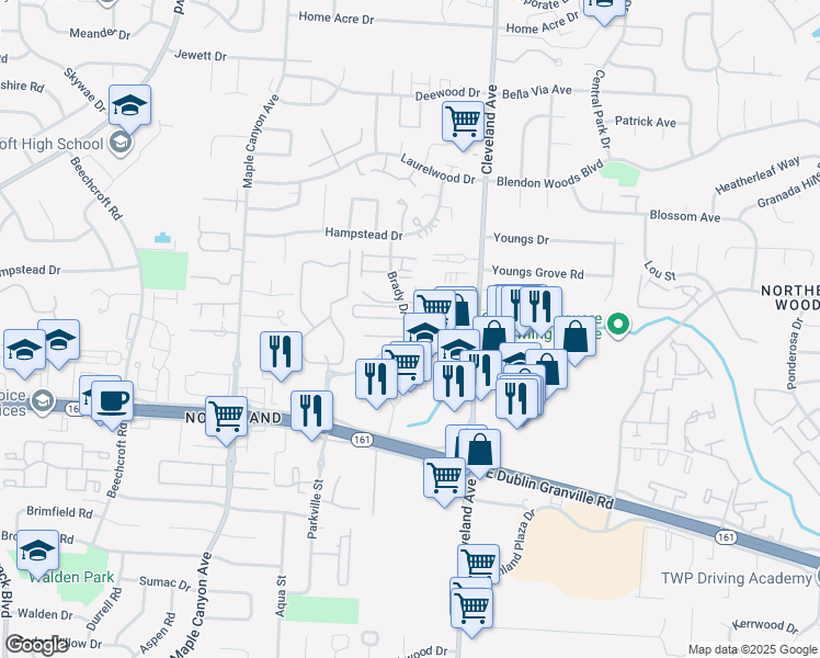 map of restaurants, bars, coffee shops, grocery stores, and more near 2392 Pinecrest Drive in Columbus