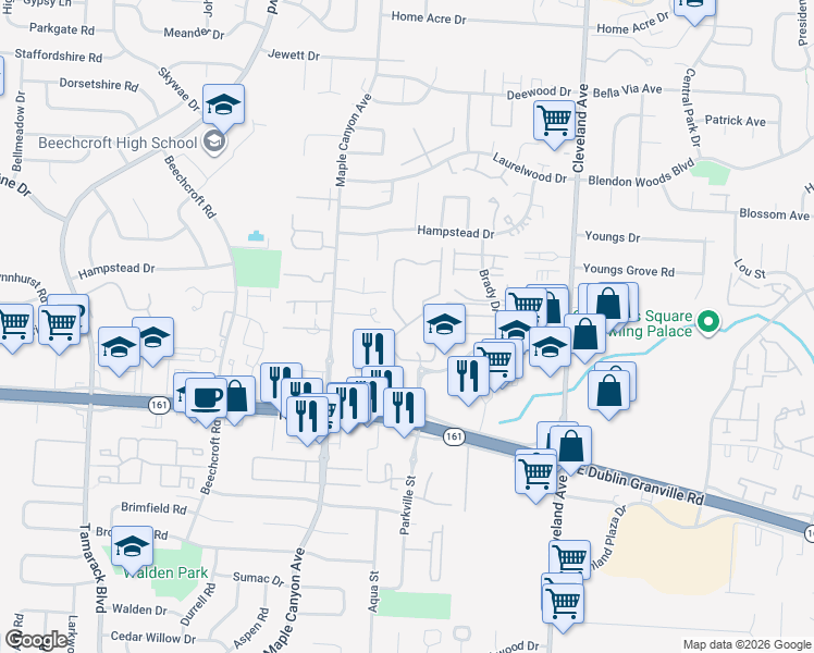 map of restaurants, bars, coffee shops, grocery stores, and more near 5857 Spring Rock Circle in Columbus